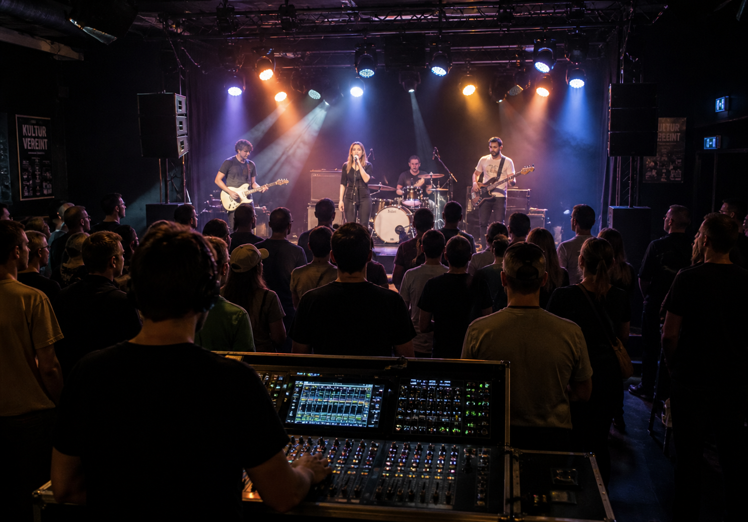 Band auf der Bühne mit sichtbarer PA-Beschallung